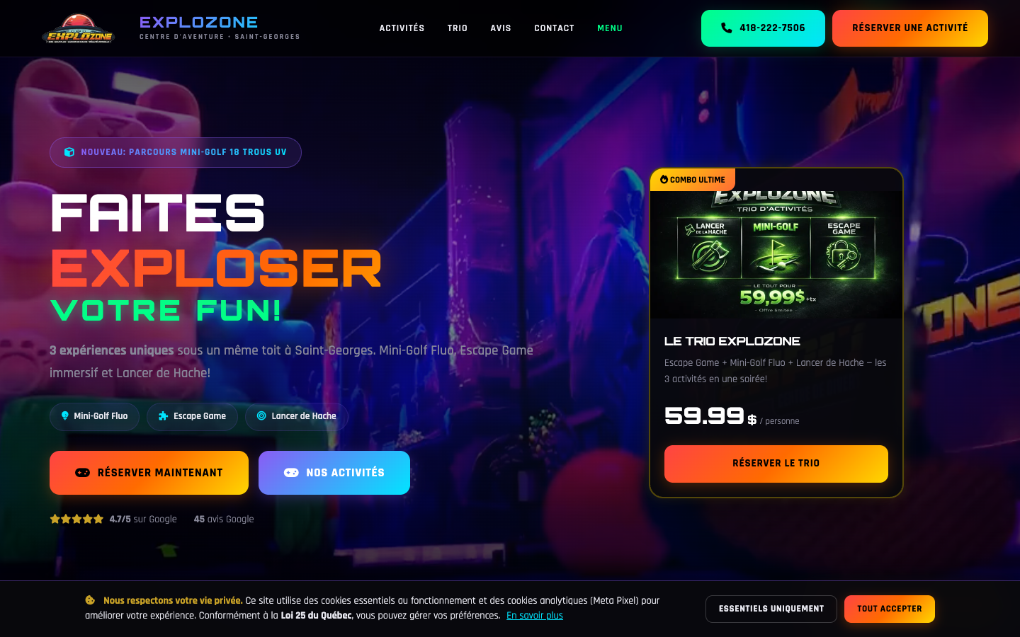 Aperçu réel du site Explozone construit par NEXORYA